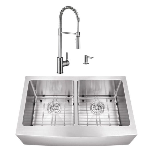 32.88" 16G 50/50 Undermount Apron-Front Kitchen Sink with Industrial Faucet
