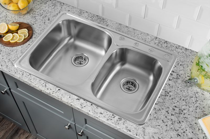 33.13' 60/40 Double-Basin Drop-In Kitchen Sink in Brushed Stainless Steel (33.13' x 22' x 9')