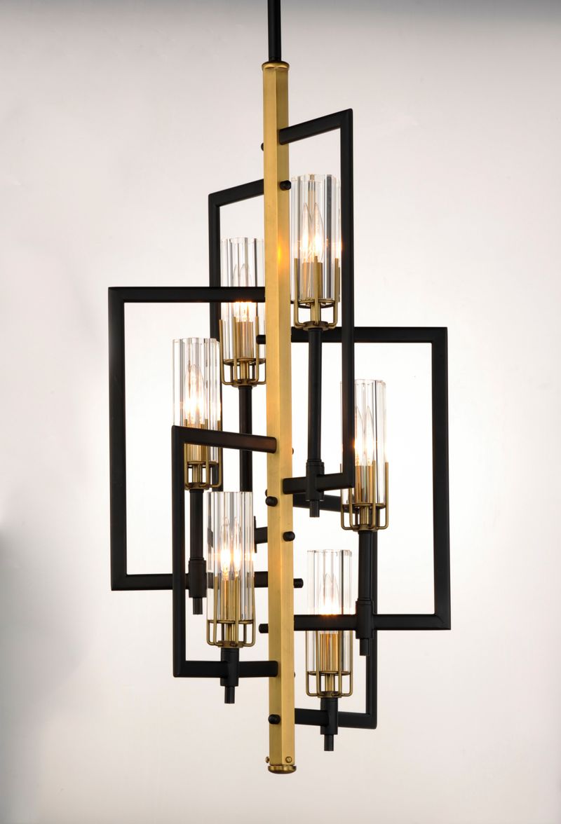 Flambeau 14' 6 Light Chandelier in Antique Brass and Black