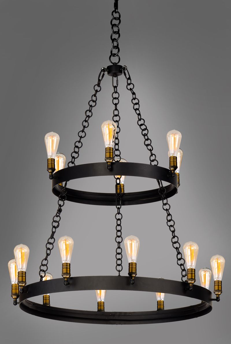 Noble 37.5' 16 Light Multi-Tier Chandelier in Black and Natural Aged Brass