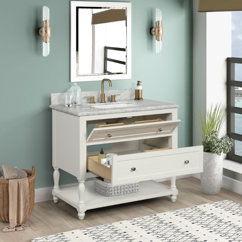 Hartwell Cove Dove White Freestanding Cabinet with Single Basin Integrated Sink and Countertop - Two Drawers (37' x 35' x 22')