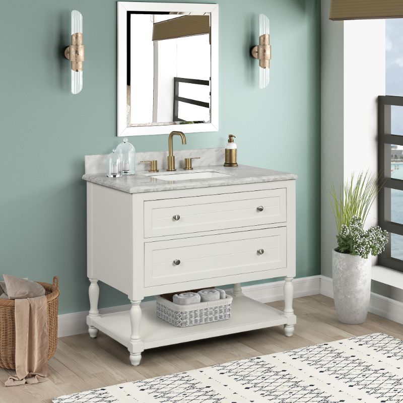 Hartwell Cove Dove White Freestanding Cabinet with Single Basin Integrated Sink and Countertop - Two Drawers (37' x 35' x 22')