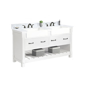 Park Mill White Freestanding Cabinet with Double Basin Integrated Sink and Countertop - Two Drawers (61' x 35' x 22')
