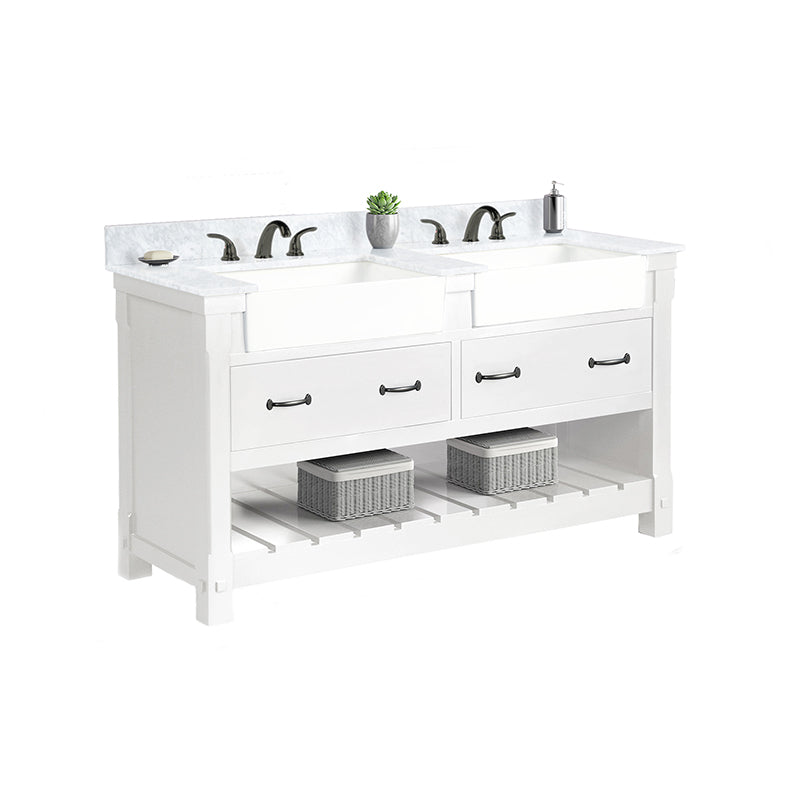 Park Mill White Freestanding Cabinet with Double Basin Integrated Sink and Countertop - Two Drawers (61' x 35' x 22')
