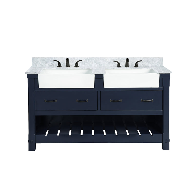 Park Mill Navy Blue Freestanding Cabinet with Double Basin Integrated Sink and Countertop - Two Drawers (61' x 35' x 22')