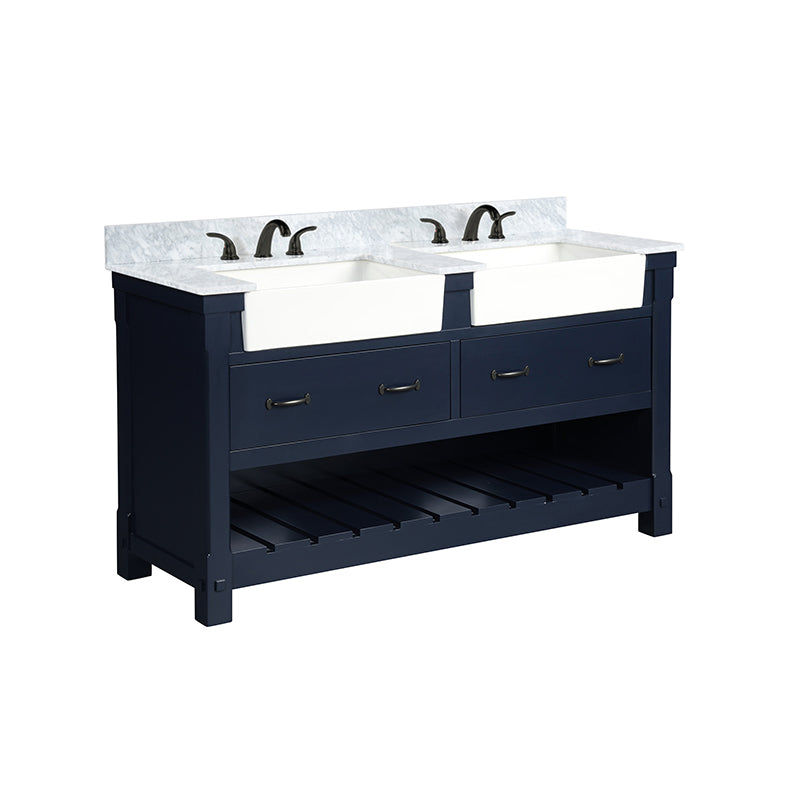 Park Mill Navy Blue Freestanding Cabinet with Double Basin Integrated Sink and Countertop - Two Drawers (61' x 35' x 22')