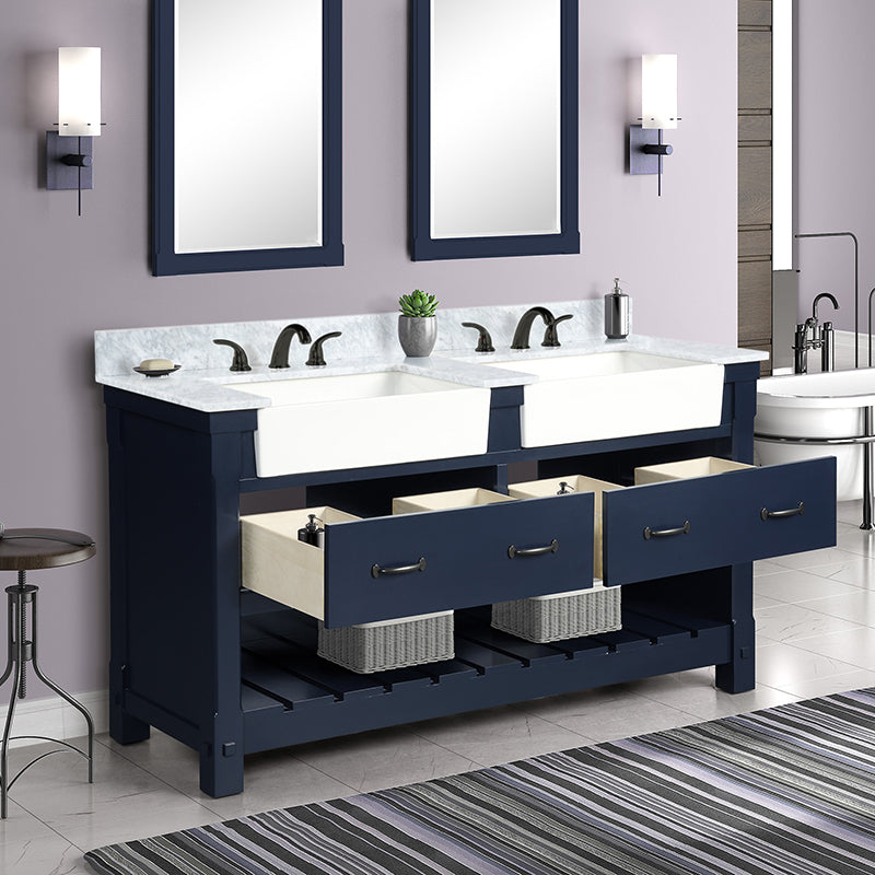 Park Mill Navy Blue Freestanding Cabinet with Double Basin Integrated Sink and Countertop - Two Drawers (61' x 35' x 22')