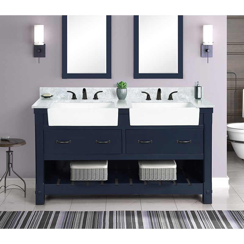 Park Mill Navy Blue Freestanding Cabinet with Double Basin Integrated Sink and Countertop - Two Drawers (61' x 35' x 22')