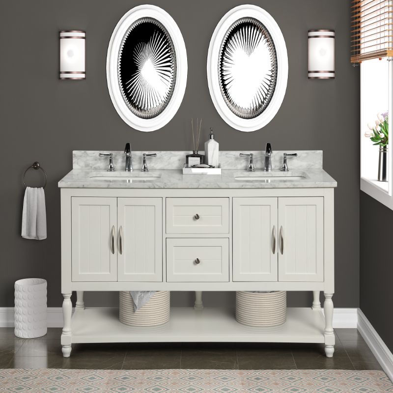 Hartwell Cove Dove White Freestanding Cabinet with Double Basin Integrated Sink and Countertop - Two Drawers (61' x 35' x 22')