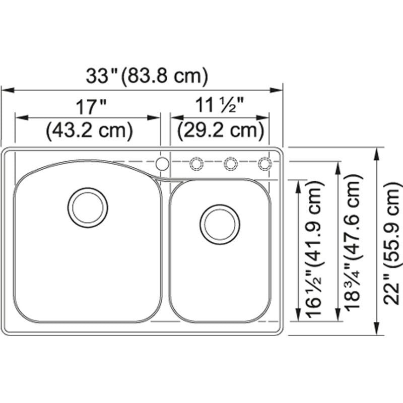 Gravity 33' Granite Double Basin Drop-In Kitchen Sink in Graphite - 17' Basin