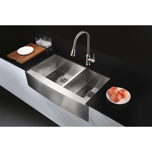 Elysian 32.88' Double Basin Farmhouse Apron Kitchen Sink with Square Drain in Brushed Satin