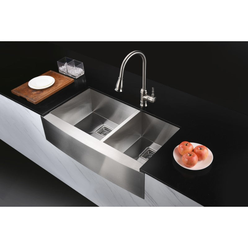 Elysian 32.88' Double Basin Farmhouse Apron Kitchen Sink with Square Drain in Brushed Satin