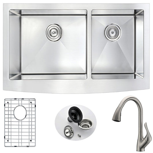 Elysian 35.88" Double Basin Farmhouse Apron Kitchen Sink with Accent Pull-Down Faucet in Brushed Nickel
