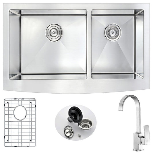 Elysian 35.88" Double Basin Farmhouse Apron Kitchen Sink with Opus Single-Handle Faucet in Brushed Nickel