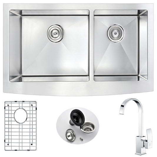 Elysian 35.88" Double Basin Farmhouse Apron Kitchen Sink with Opus Single-Handle Faucet in Polished Chrome