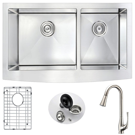 Elysian 35.88" Double Basin Farmhouse Apron Kitchen Sink with Singer Pull-Down Faucet in Brushed Nickel