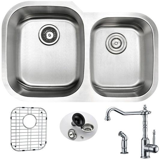 Moore 32" Double Basin Undermount Kitchen Sink with Locke Single-Handle Faucet in Polished Chrome