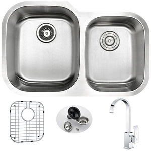 Moore 32' Double Basin Undermount Kitchen Sink with Opus Single-Handle Faucet in Polished Chrome