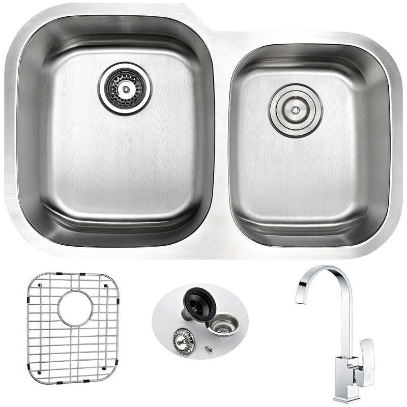 Moore 32' Double Basin Undermount Kitchen Sink with Opus Single-Handle Faucet in Polished Chrome