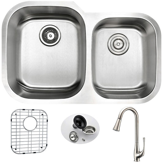 Moore 32" Double Basin Undermount Kitchen Sink with Singer Pull-Down Faucet in Brushed Nickel