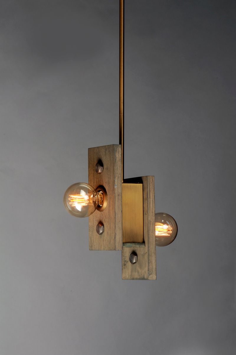 Plank 4.75' Wide 2 Light Mini-Pendant using E26 Medium Incandescent Bulbs in Weathered Wood / Antique Brass
