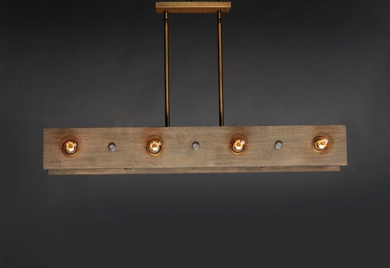 Plank 9' 8 Light Linear Pendant in Weathered Wood and Antique Brass
