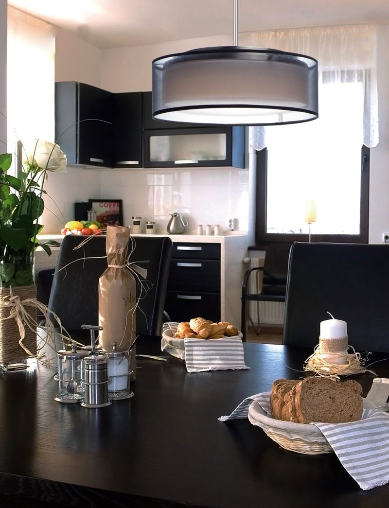 Prime 20' 5 Light Single Pendant in Satin Nickel with Black Organza Shade