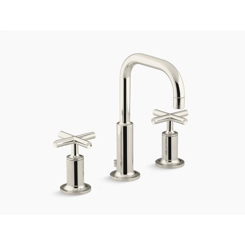 Purist Cross Handle Widespread Gooseneck Bathroom Faucet in Vibrant Polished Nickel