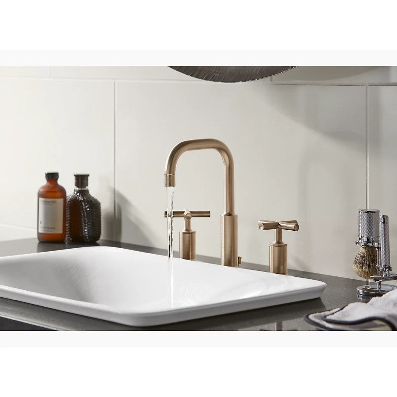 Purist Cross Handle Widespread Gooseneck Bathroom Faucet in Vibrant Polished Nickel