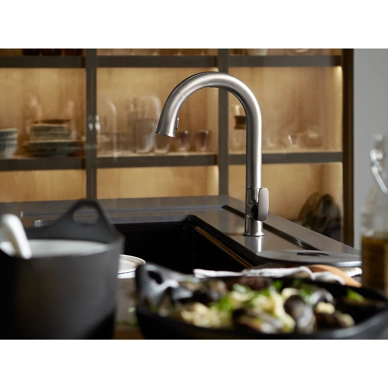 Sensate Pull-Down Touchless Kitchen Faucet in Vibrant Stainless with Black Accents