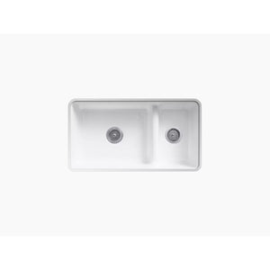 Iron/Tones 18.75' x 33' x 9.63' Enameled Cast Iron 70/30 Double Basin Dual-Mount Kitchen Sink in White