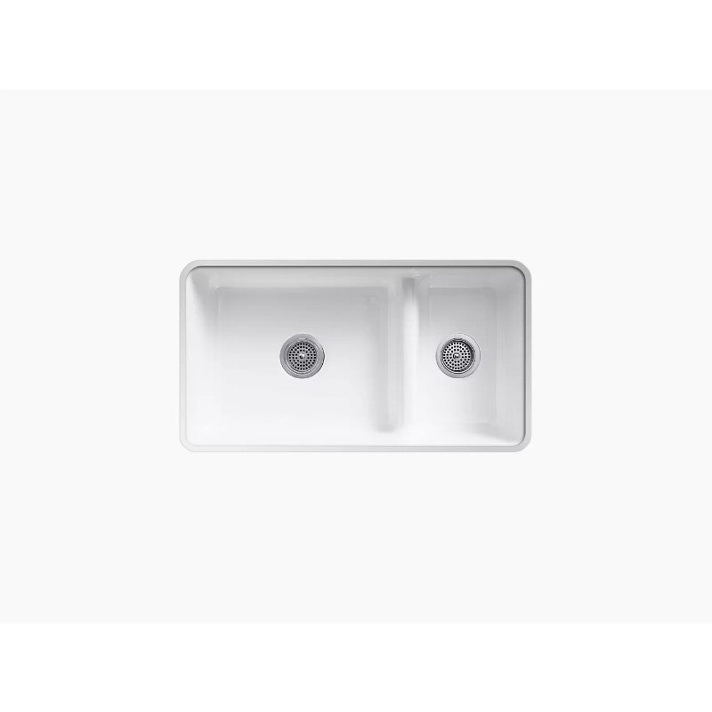 Iron/Tones 18.75' x 33' x 9.63' Enameled Cast Iron 70/30 Double Basin Dual-Mount Kitchen Sink in White