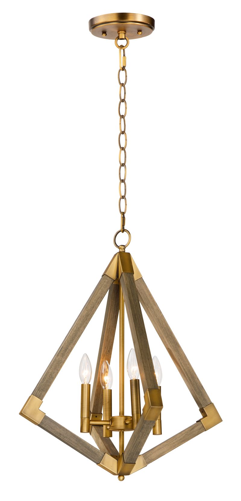 Vector 19.25' 4 Light Single Pendant in Weathered Oak and Antique Brass