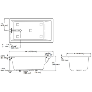 Underscore Rectangle 66' x 36' x 22' Drop-In Bathtub in White