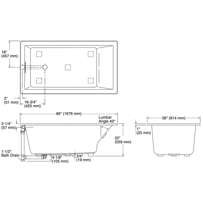 Underscore Rectangle 66' x 36' x 22' Drop-In Bathtub in White