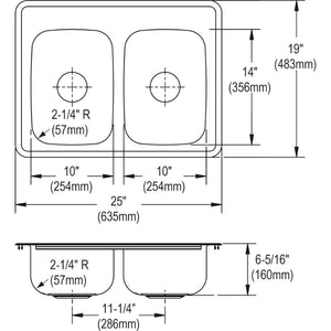 Dayton 19' x 25' x 6.31' Stainless Steel Double-Basin Drop-In Kitchen Sink