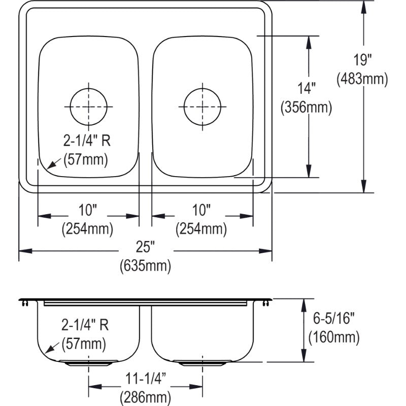 Dayton 19' x 25' x 6.31' Stainless Steel Double-Basin Drop-In Kitchen Sink - MR2 Faucet Holes