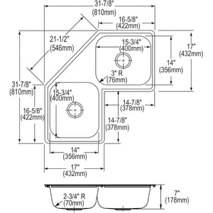 Dayton 17' x 31.88' x 7' Stainless Steel Double-Basin Corner Kitchen Sink - 3 Faucet Holes