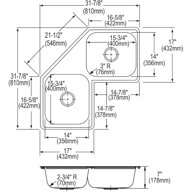 Dayton 17' x 31.88' x 7' Stainless Steel Double-Basin Corner Kitchen Sink - 3 Faucet Holes