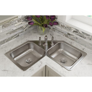 Dayton 17' x 31.88' x 7' Stainless Steel Double-Basin Corner Kitchen Sink - 3 Faucet Holes