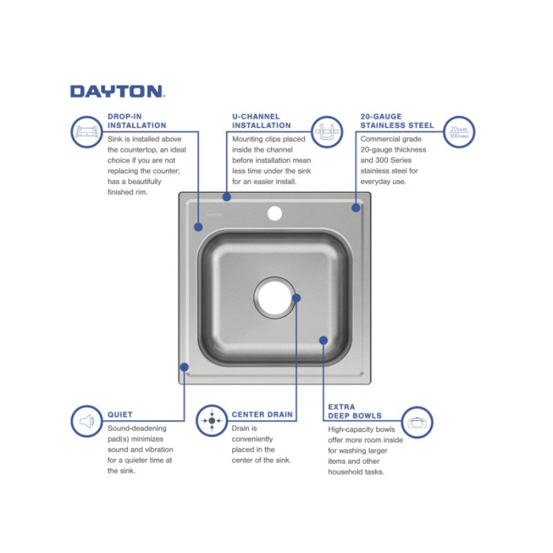 Dayton 20' x 20' x 10.13' Stainless Steel Single-Basin Drop-In Laundry Sink - 1 Faucet Hole