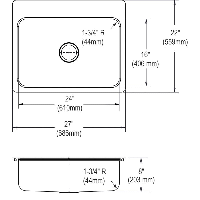 Dayton 22' x 27' x 8' Stainless Steel Single-Basin Dual-Mount Kitchen Sink - 2 Faucet Holes