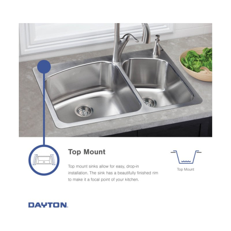 Dayton 22' x 33' x 8.19' Stainless Steel Double-Basin Drop-In Kitchen Sink - 2 Faucet Holes