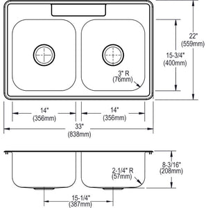 Dayton 22' x 33' x 8.19' Stainless Steel Double-Basin Drop-In Kitchen Sink - 1 Faucet Hole