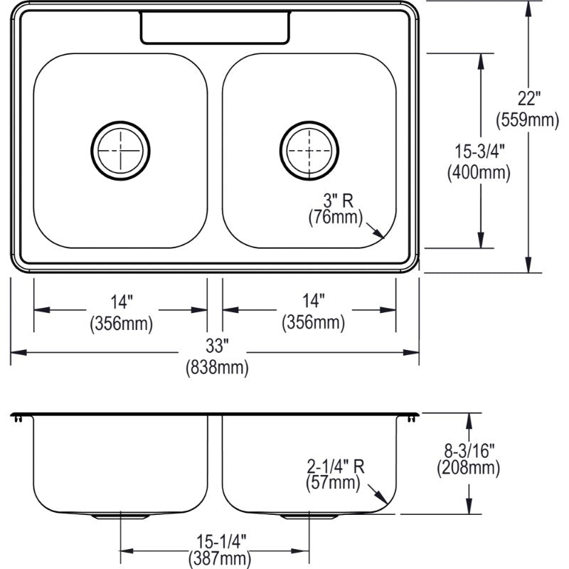 Dayton 22' x 33' x 8.19' Stainless Steel Double-Basin Drop-In Kitchen Sink - 1 Faucet Hole