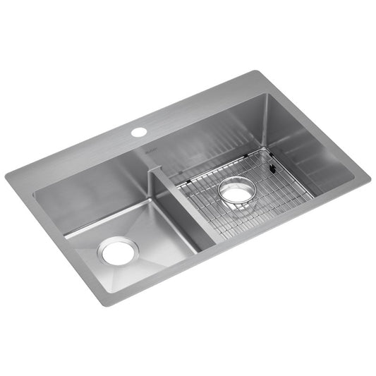 Crosstown 22" x 33" x 9" Stainless Steel Double-Basin Dual-Mount Kitchen Sink - 1 Hole Low Divide