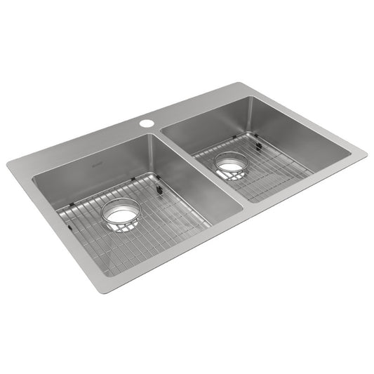 Crosstown 22" x 33" x 6" Stainless Steel Double-Basin Dual-Mount Kitchen Sink - 1 Faucet Hole