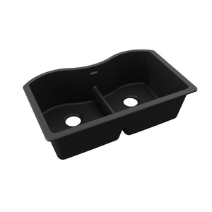 Quartz Classic 20' x 33' x 9.5' Quartz Double-Basin Undermount Kitchen Sink in Black