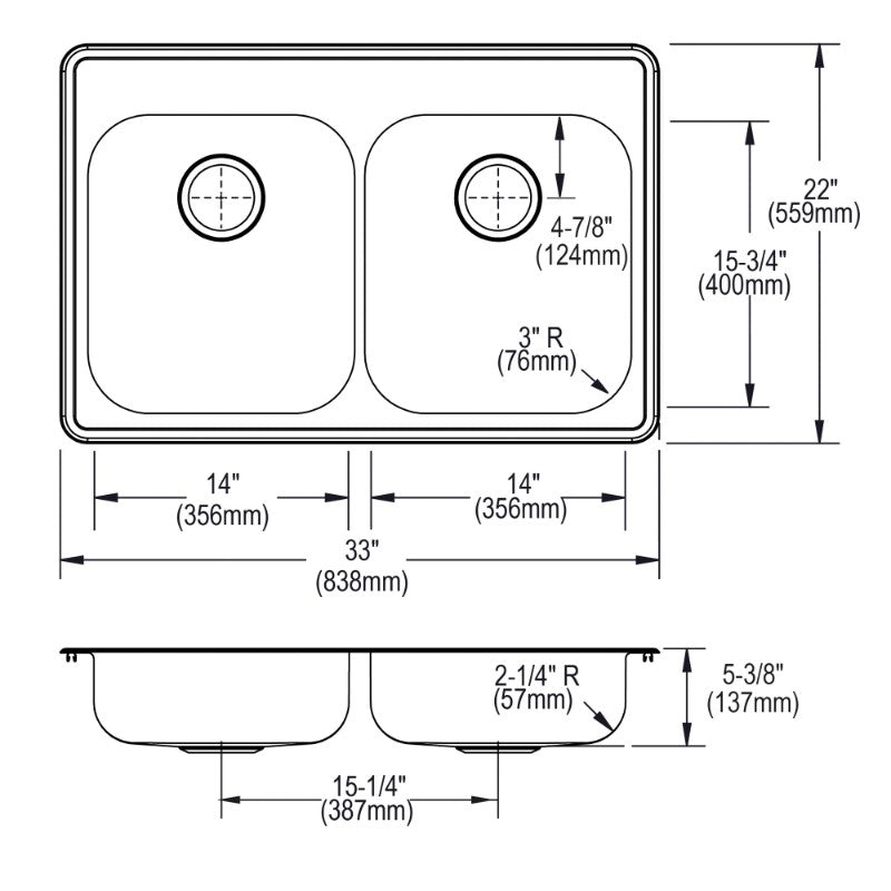 Dayton 22' x 33' x 5.38' Stainless Steel Double-Basin Drop-In Kitchen Sink - 1 Faucet Hole