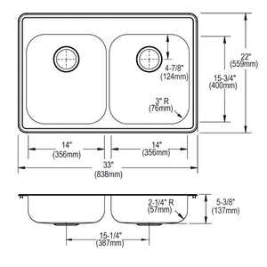 Dayton 22' x 33' x 5.38' Stainless Steel Double-Basin Drop-In Kitchen Sink - 3 Faucet Holes